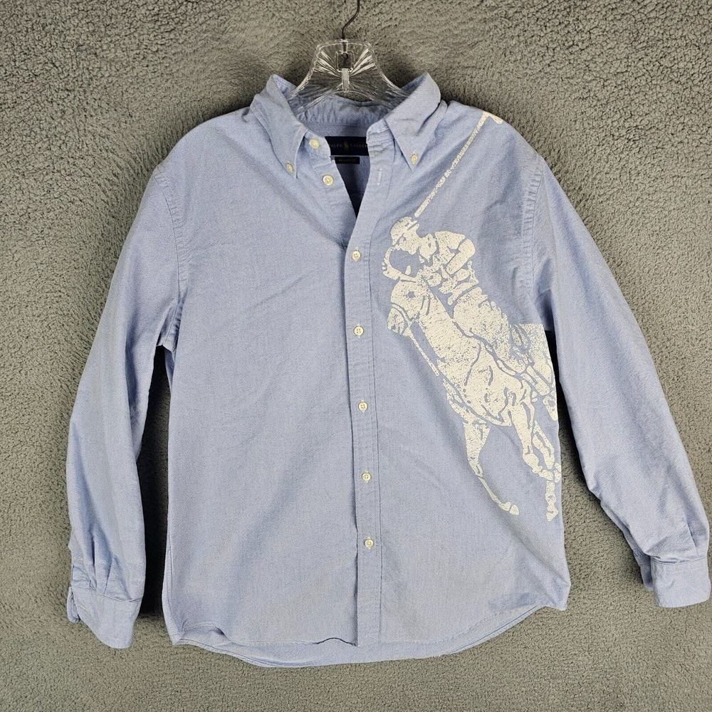 Ralph Lauren Mens L Long Sleeve Button Down Chambray Shirt Relaxed Fit Big Logo